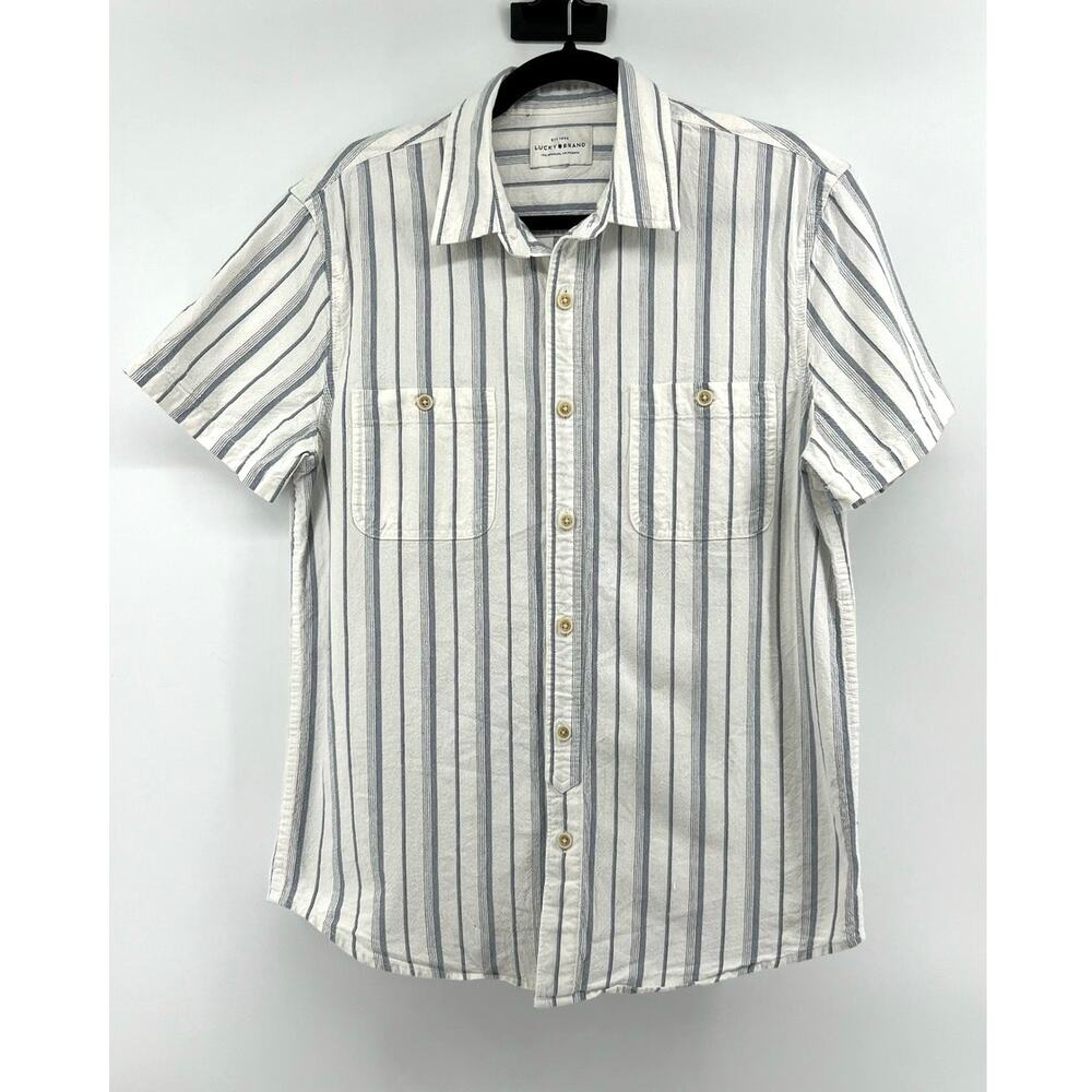 Lucky Brand Short Sleeve Button Down Shirt Men's Size M White Blue Stripes